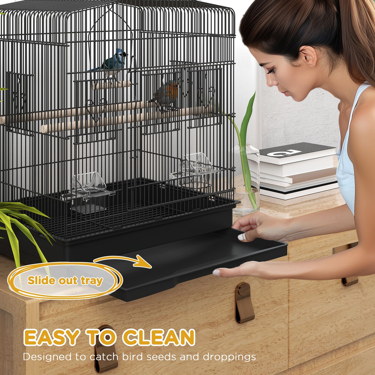 PawHut 59cm Black Large Bird Cage with Stand, Perches, Food Bowls, Swing