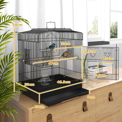 PawHut 59cm Black Large Bird Cage with Stand, Perches, Food Bowls, Swing