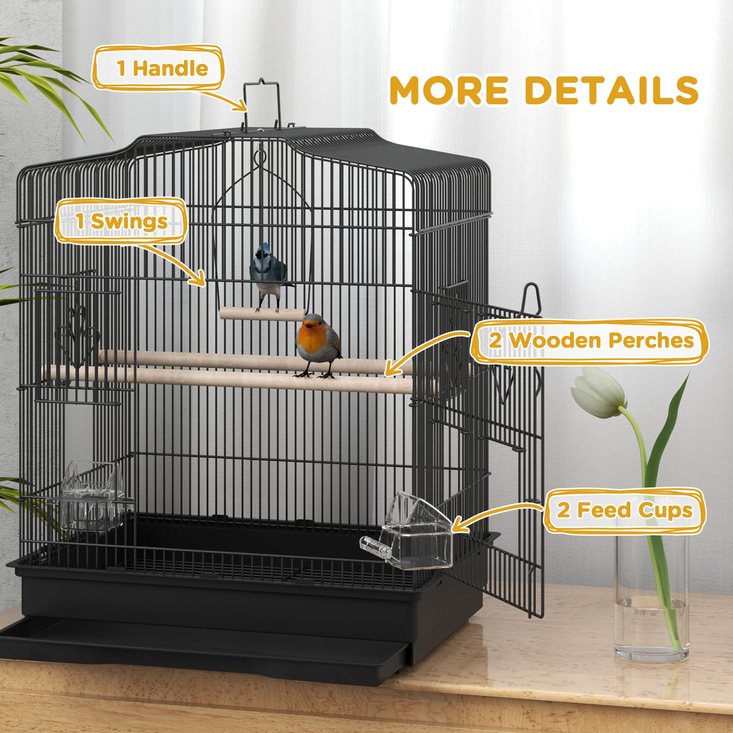 PawHut 59cm Black Large Bird Cage with Stand, Perches, Food Bowls, Swing