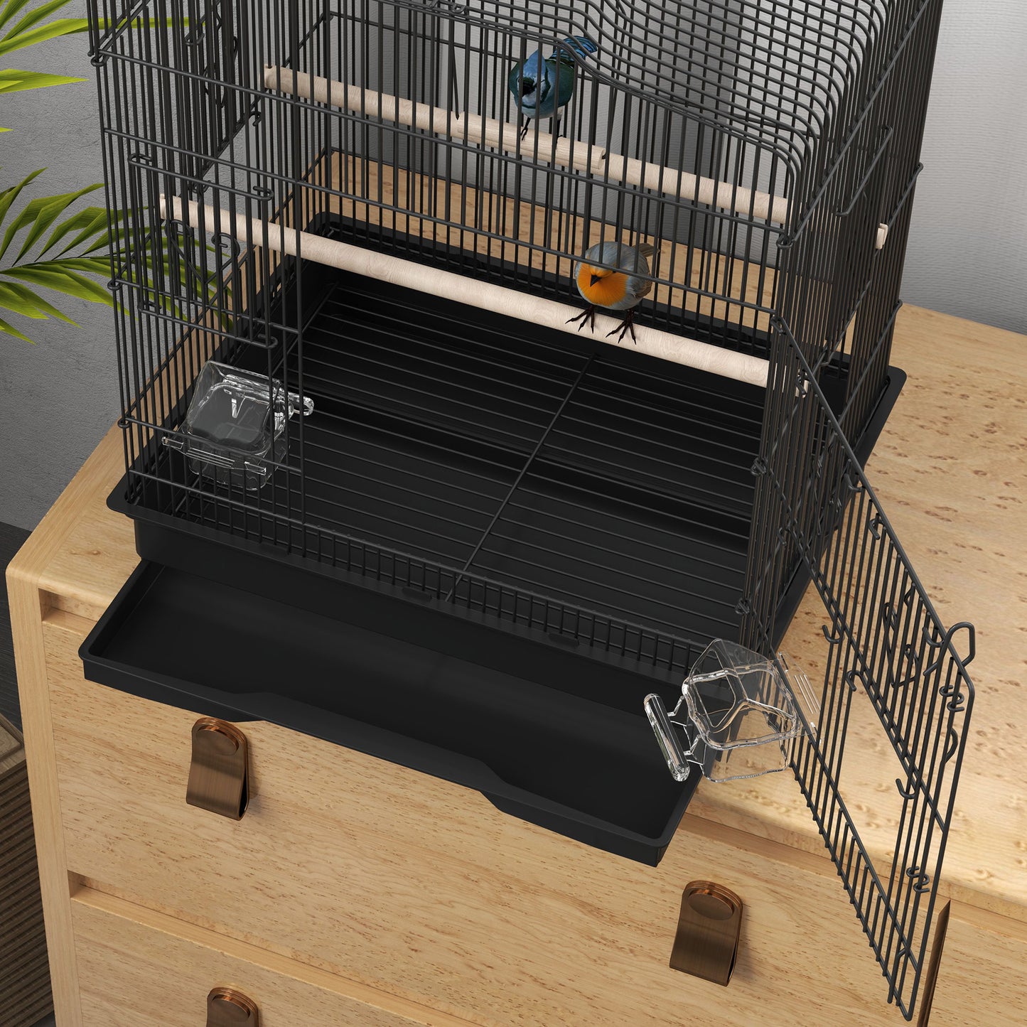 PawHut 59cm Black Large Bird Cage with Stand, Perches, Food Bowls, Swing