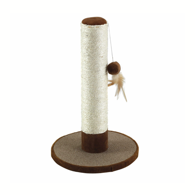 cat scratcher post with toy ball and feather