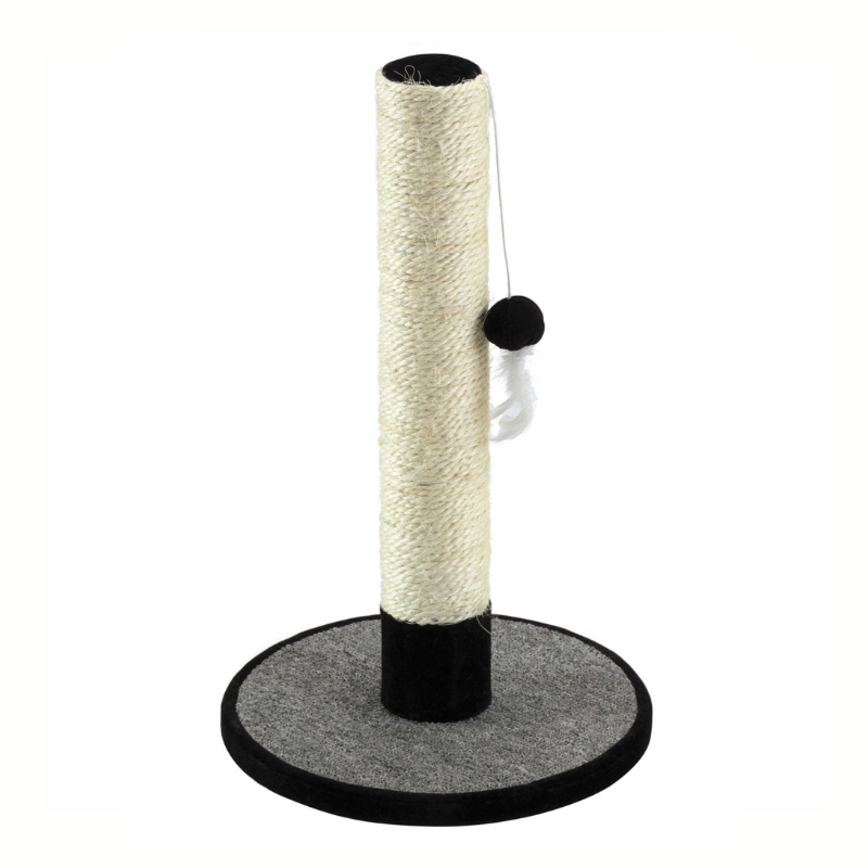 cat scratcher post with ball and feather