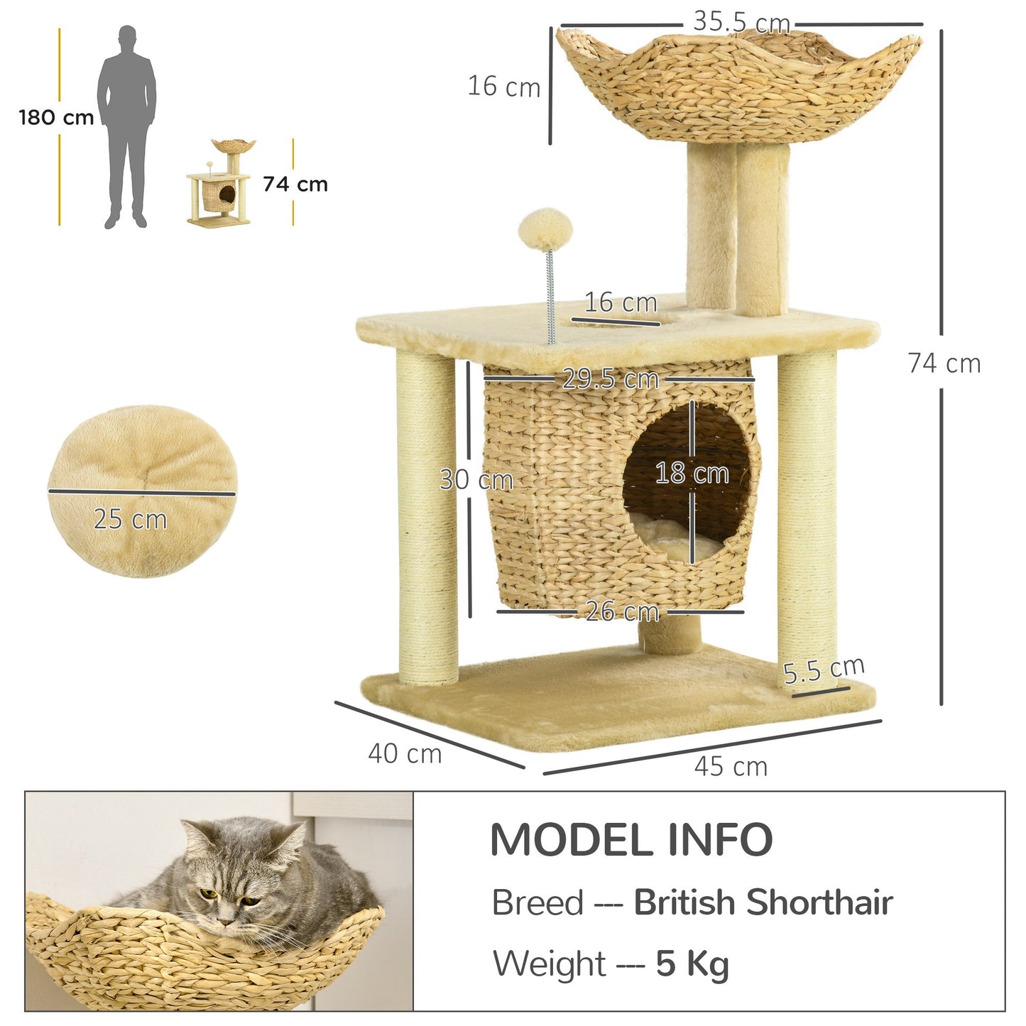 PawHut Cat Tree with Scratching Posts, Cat House, Bed, Washable Cushions