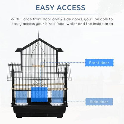 Black Metal Bird Cage w/ Plastic Perch Food Container Handle