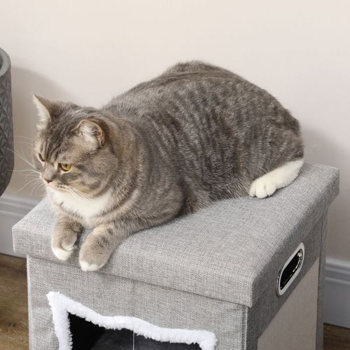 PawHut 2 in 1 Cat Ottoman and House with Cushion, Handles, Scratching Pad