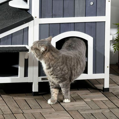 PawHut Multi-Entrance Outdoor Wood Cat House with Flower Pot