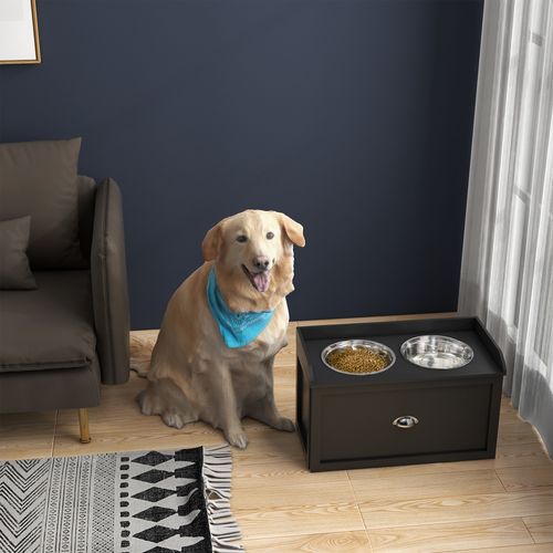 PawHut Stainless Steel Raised Dog Bowls with Storage (Black)