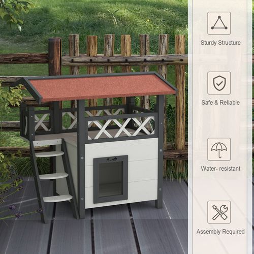 PawHut Outdoor Cat House with Balcony Stairs Roof, White