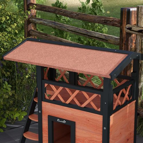 PawHut Outdoor Cat House with Balcony Stairs Roof, Brown