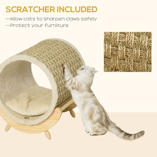 Elevated Cat House Kitten Bed Pet Shelter with Scratcher Cushion, Beige