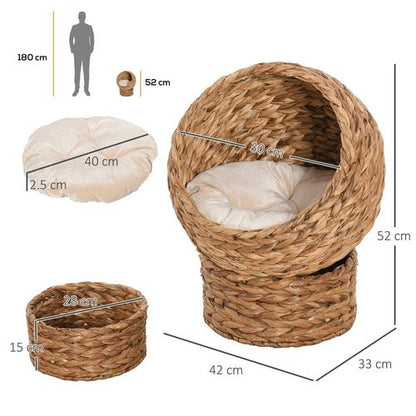 PawHut Raised Wicker Cat House with Cylindrical Base