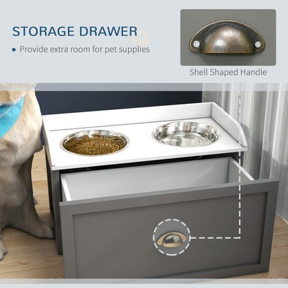 PawHut Stainless Steel Raised Dog Bowls with Storage (Grey)