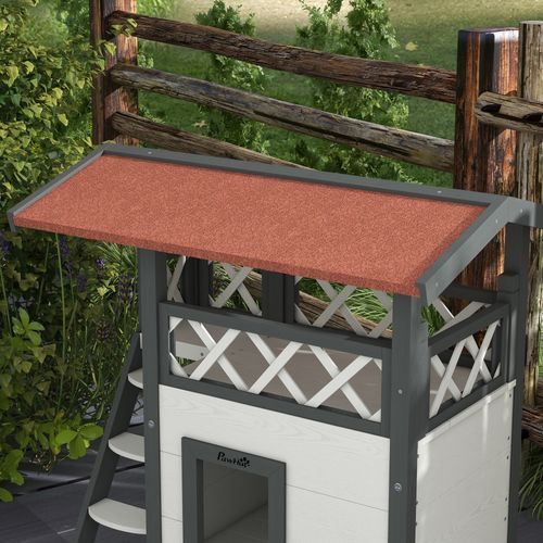 PawHut Outdoor Cat House with Balcony Stairs Roof, White