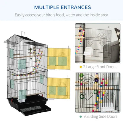 Black Metal Bird Cage for Budgies with Toys, Tray, Handle