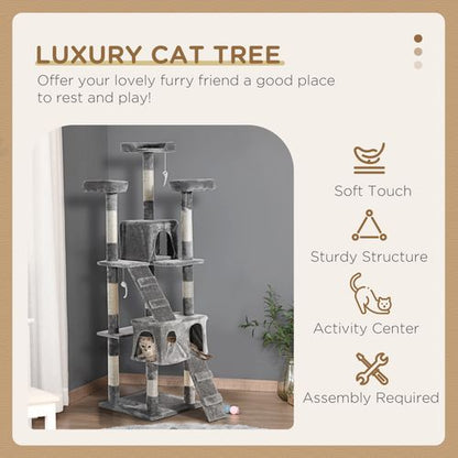 PawHut Tall Cat Tree House with Scratching Post, Toys and Bed