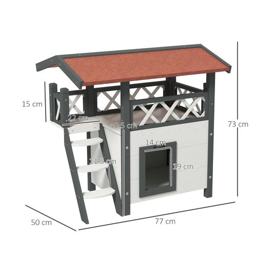 PawHut Outdoor Cat House with Balcony Stairs Roof, White