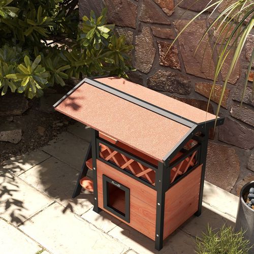 PawHut Outdoor Cat House with Balcony Stairs Roof, Brown