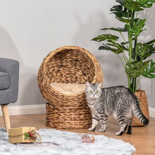 PawHut Raised Wicker Cat House with Cylindrical Base