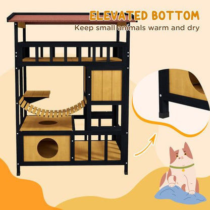 PawHut Outdoor Cat House w/ Suspension Bridge, Houses, Balcony