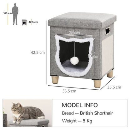 PawHut 2 in 1 Cat Ottoman and House with Cushion, Handles, Scratching Pad