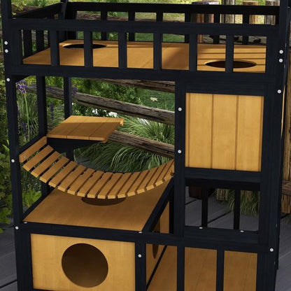 PawHut Outdoor Cat House w/ Suspension Bridge, Houses, Balcony