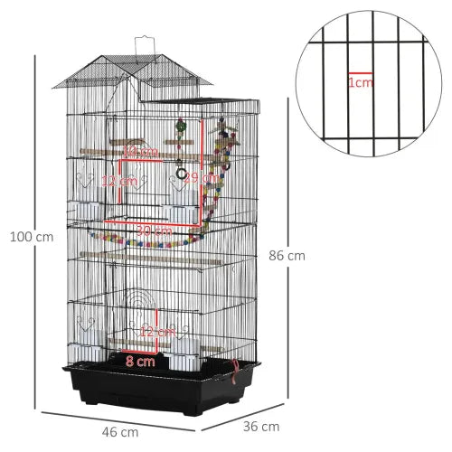 Black Metal Bird Cage for Budgies with Toys, Tray, Handle