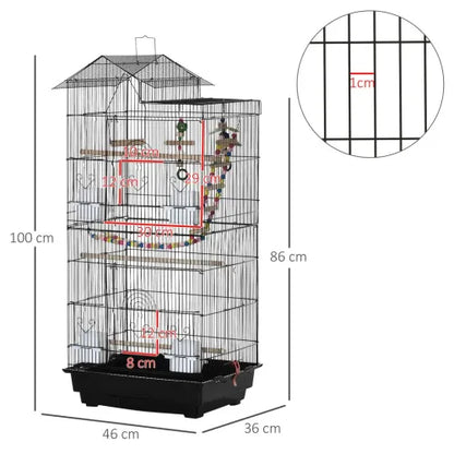 Black Metal Bird Cage for Budgies with Toys, Tray, Handle