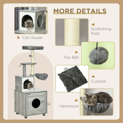 PawHut Cat Litter Box Enclosure, with Cat House, Bed, Scratching Posts, Platform