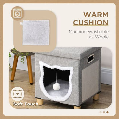 PawHut 2 in 1 Cat Ottoman and House with Cushion, Handles, Scratching Pad