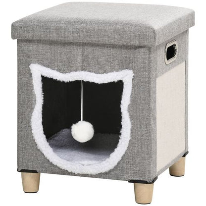 PawHut 2 in 1 Cat Ottoman and House with Cushion, Handles, Scratching Pad