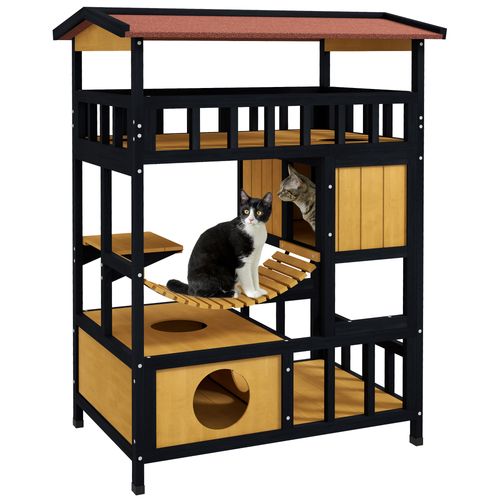 PawHut Outdoor Cat House w/ Suspension Bridge, Houses, Balcony