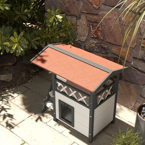 PawHut Outdoor Cat House with Balcony Stairs Roof, White