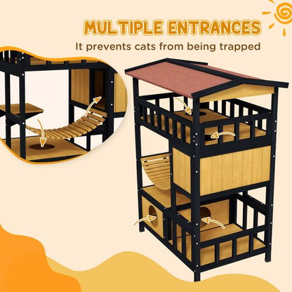 PawHut Outdoor Cat House w/ Suspension Bridge, Houses, Balcony