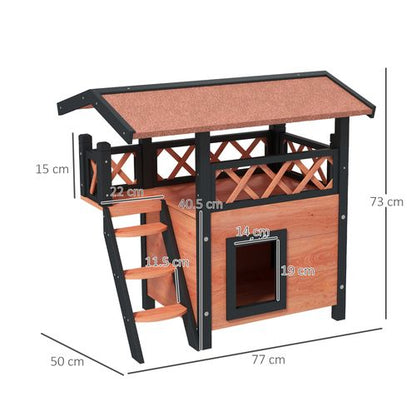 PawHut Outdoor Cat House with Balcony Stairs Roof, Brown