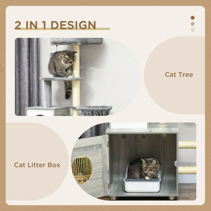 PawHut Cat Litter Box Enclosure, with Cat House, Bed, Scratching Posts, Platform