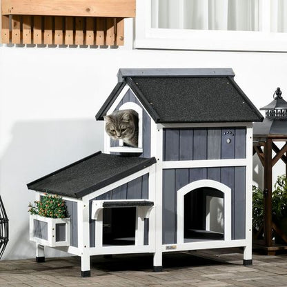 PawHut Multi-Entrance Outdoor Wood Cat House with Flower Pot