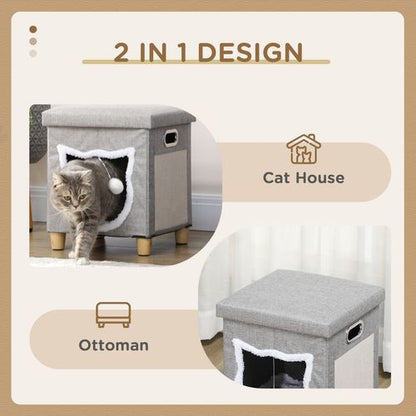 PawHut 2 in 1 Cat Ottoman and House with Cushion, Handles, Scratching Pad