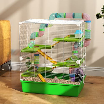 PawHut Hamster Cage with Wheel, Tunnel, Tubes, Ramps (Green)