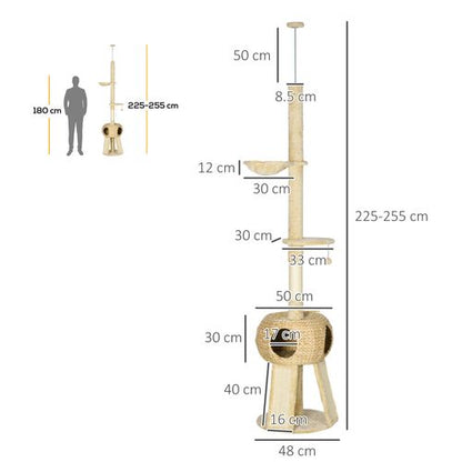 PawHut 255cm Tall Cat Tree House with Hammock and Platform