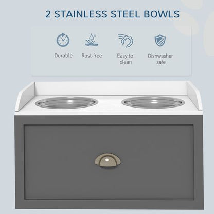 PawHut Stainless Steel Raised Dog Bowls with Storage (Grey)