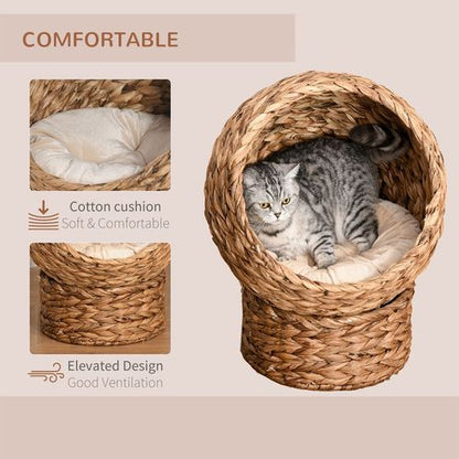 PawHut Raised Wicker Cat House with Cylindrical Base