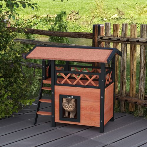 PawHut Outdoor Cat House with Balcony Stairs Roof, Brown