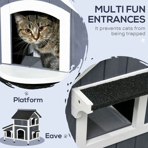 PawHut Multi-Entrance Outdoor Wood Cat House with Flower Pot