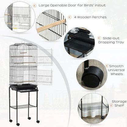 Metal Budgie Cage with Stand and Slide-out Tray Storage Shelf