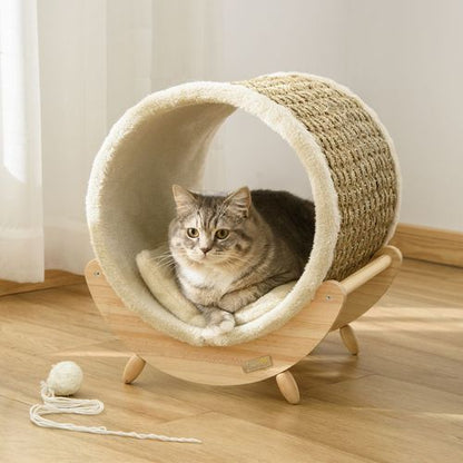 Elevated Cat House Kitten Bed Pet Shelter with Scratcher Cushion, Beige