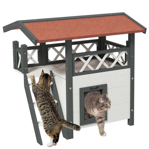 PawHut Outdoor Cat House with Balcony Stairs Roof, White