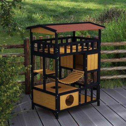 PawHut Outdoor Cat House w/ Suspension Bridge, Houses, Balcony