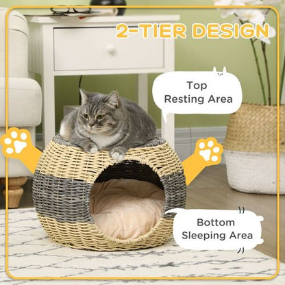 PawHut Rattan Wicker Cat Bed with Cushion