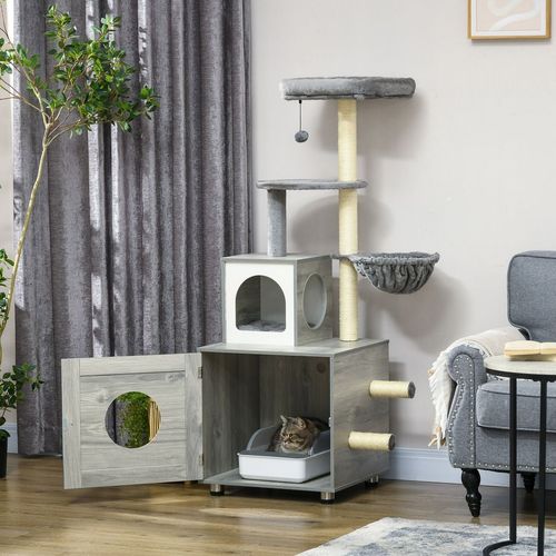 PawHut Cat Litter Box Enclosure, with Cat House, Bed, Scratching Posts, Platform