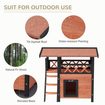 PawHut Outdoor Cat House with Balcony Stairs Roof, Brown